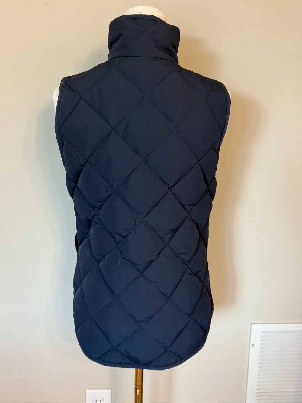 J. Crew XS Navy Blue Quilted Down Puffer Vest Gold Zip Preppy